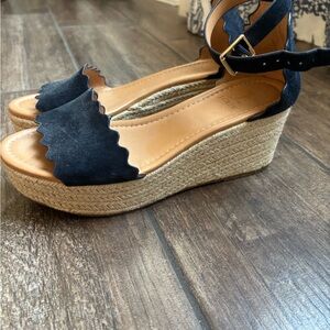 J. Crew Black Suede Wedges with Tan Espadrille